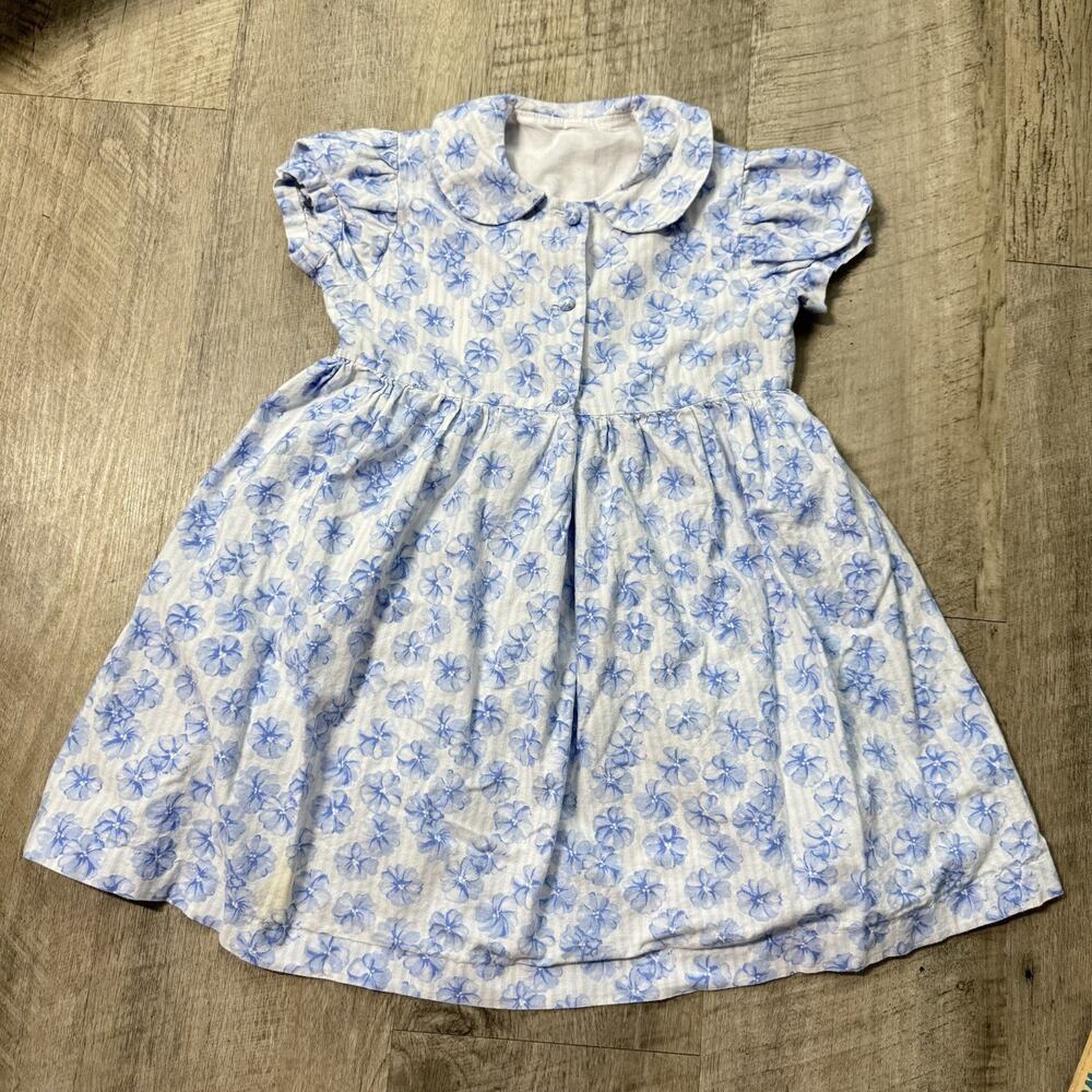Vintage 1950s Blue Floral Dress Round Peter Pan Collar Puff Sleeve Girls Sz 5/6